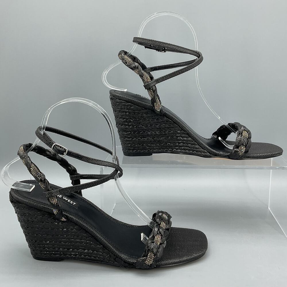 NEW Nine West Women’s Nashy Ankle Strap Espadrille Wedge Sandals Black Size 7.5M